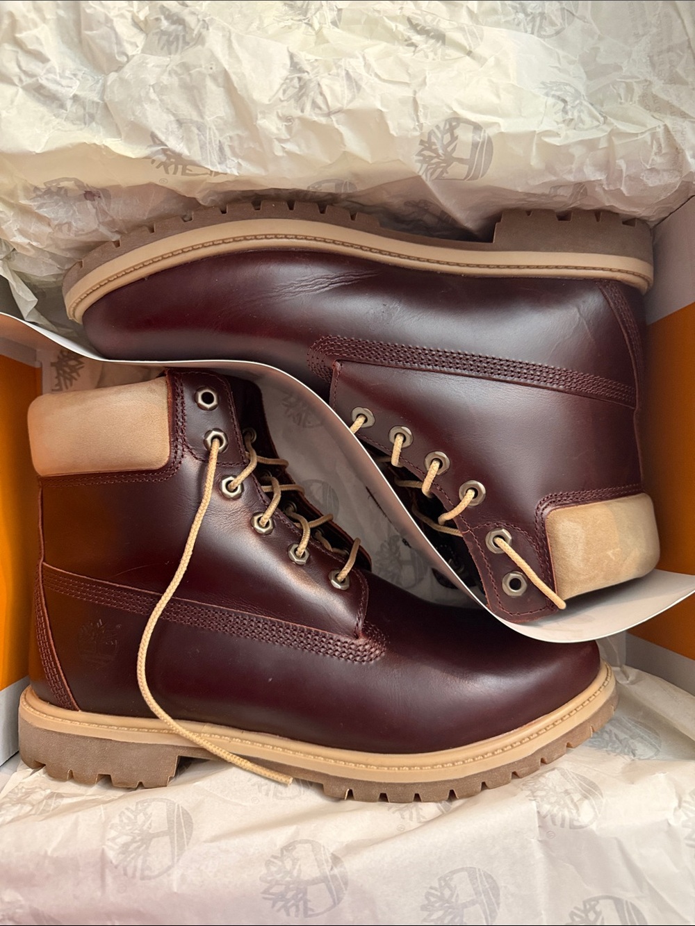 Timberland Women’s Burgundy Leather Work Boots with Tan Collar